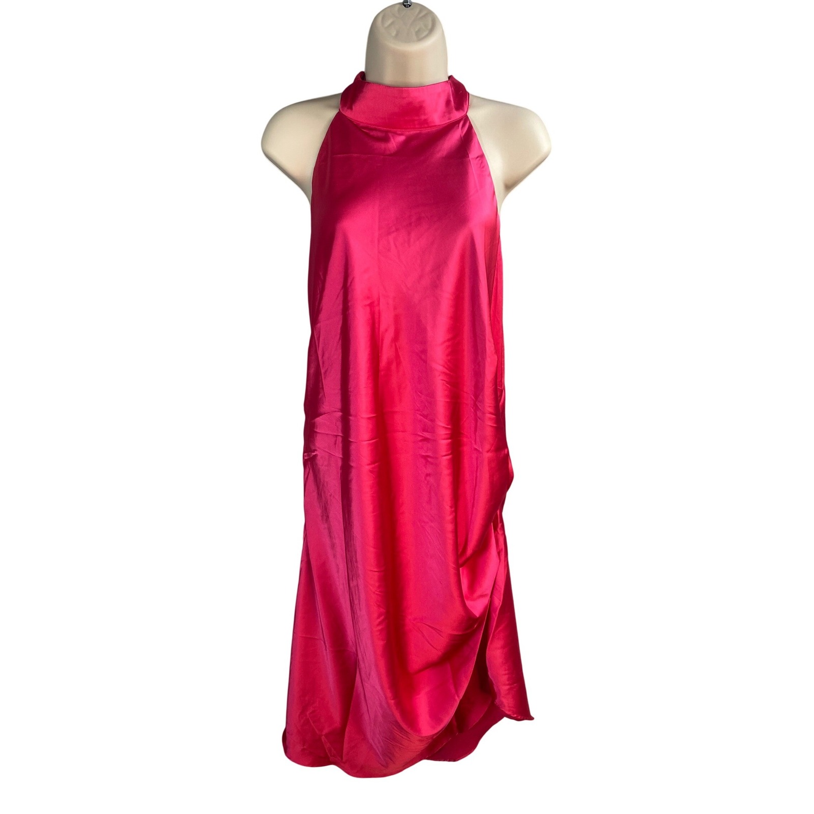 Showpo Satin Halter Mini Dress Womens 16 Hot Pink High Neck Open Back Party Chic